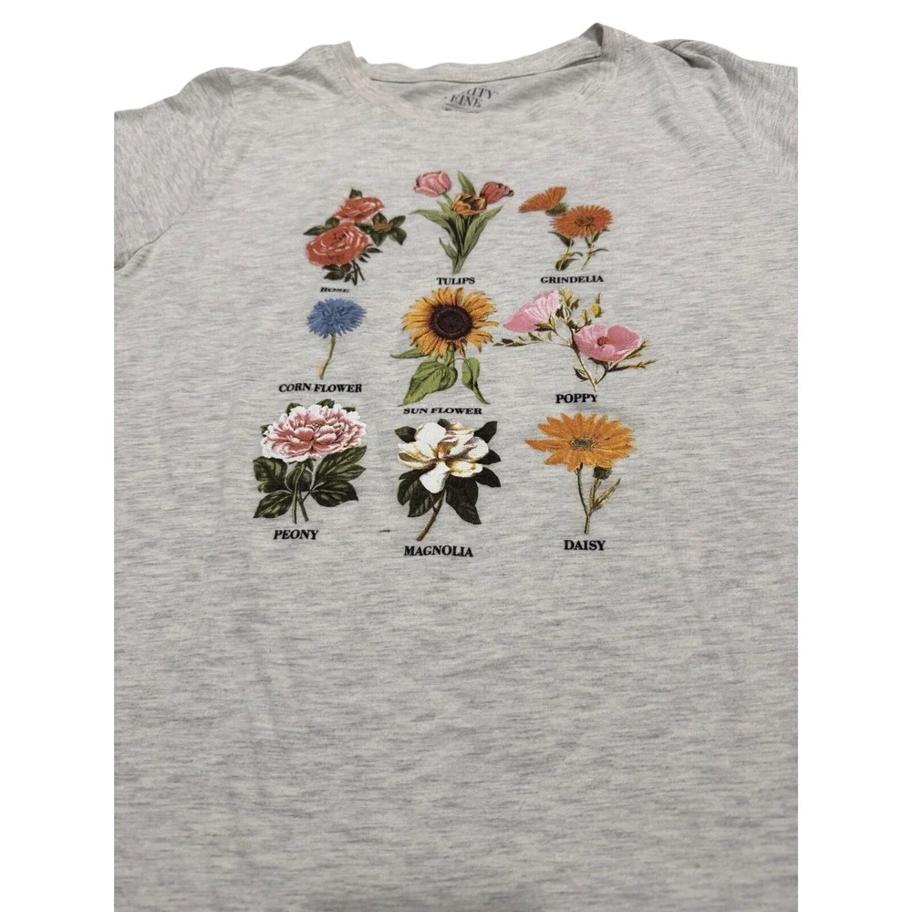 Mighty Fine Women's XL Grey Botanical Flower Graphic Tee‎ Short Sleeve T-Shirt